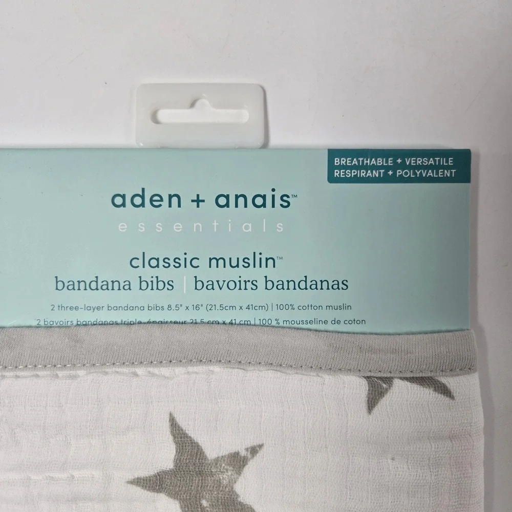 aden + anais Bandana Bibs Kids OS White Gray Star Stripe Muslin 2-Pack NEW